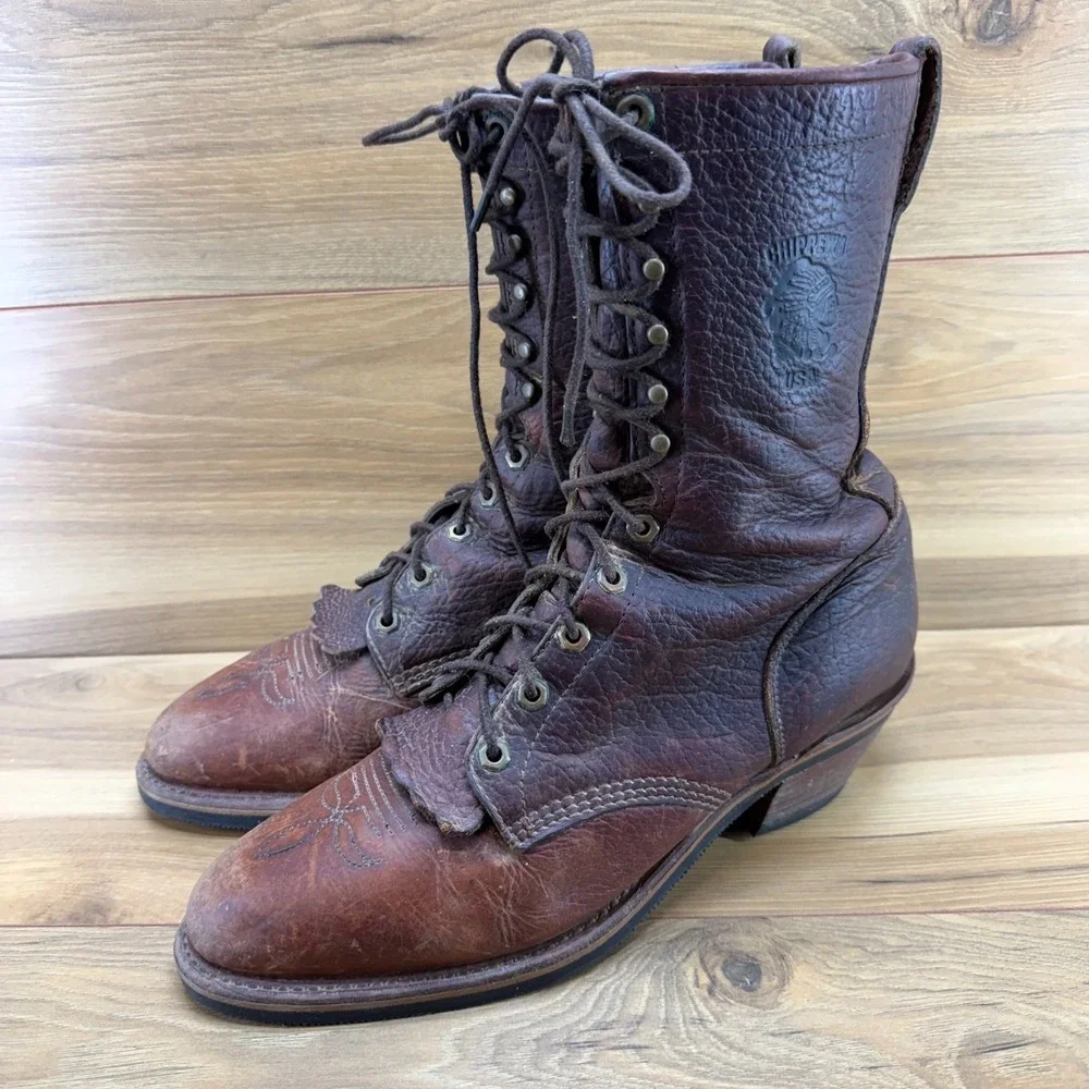 Chippewa Vintage Packer Boots Mens 11 D Brown Leather Kiltie Lace Up USA Vibram